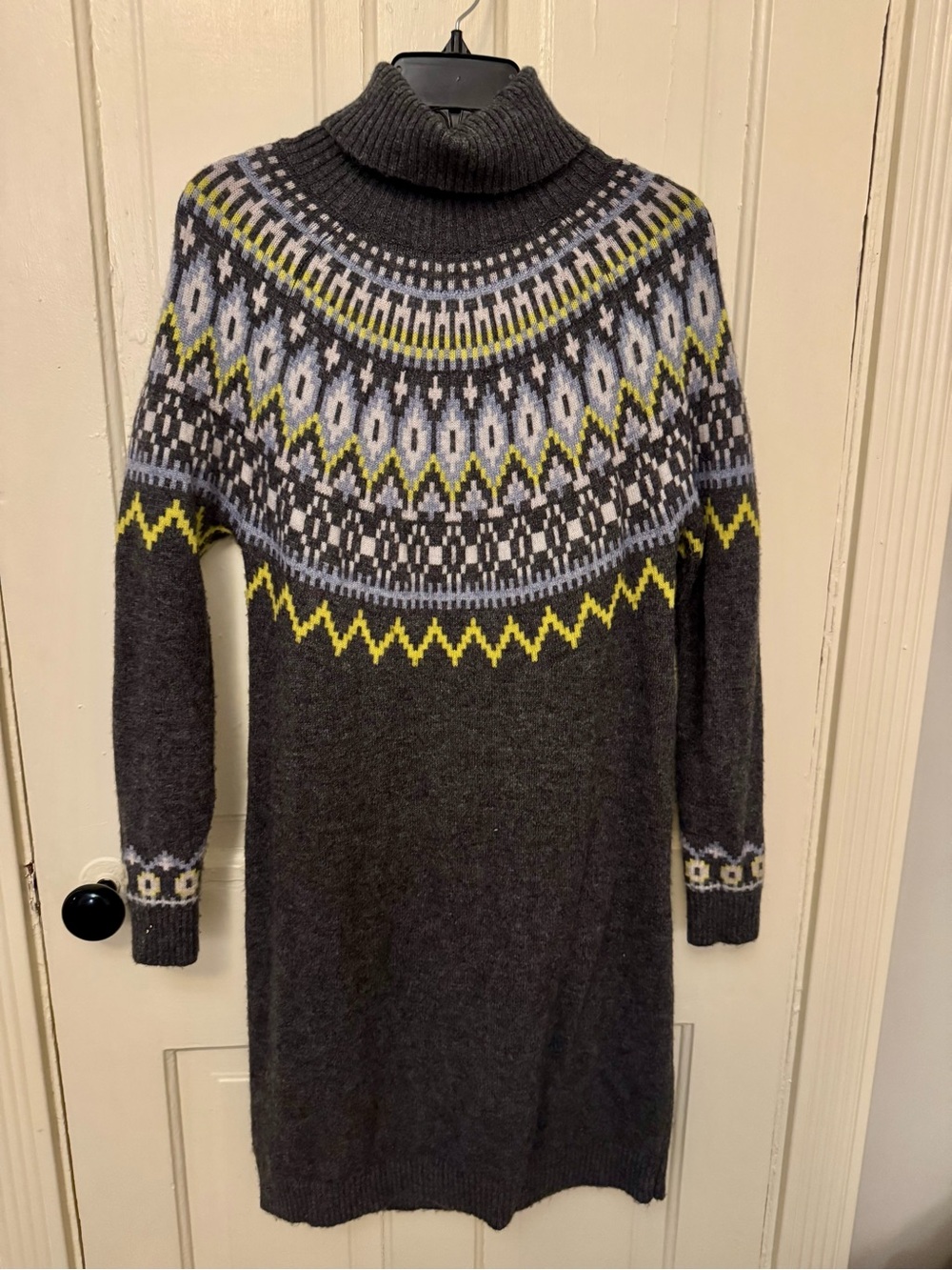 Boden Turtleneck Fair Isle Wool-Blend Sweater Dress in Charcoal and Yellow 4R
